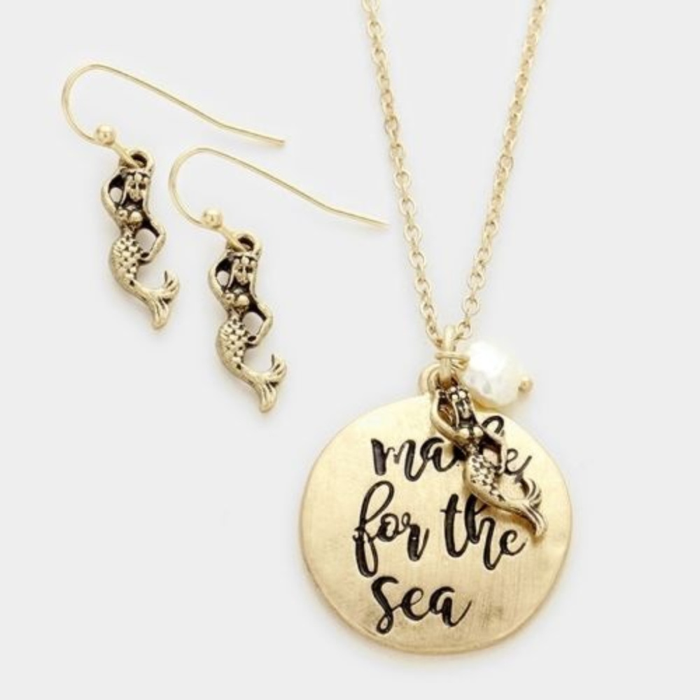 Mermaid‎ Made for the Sea' Pendant Charm Necklace & Earrings